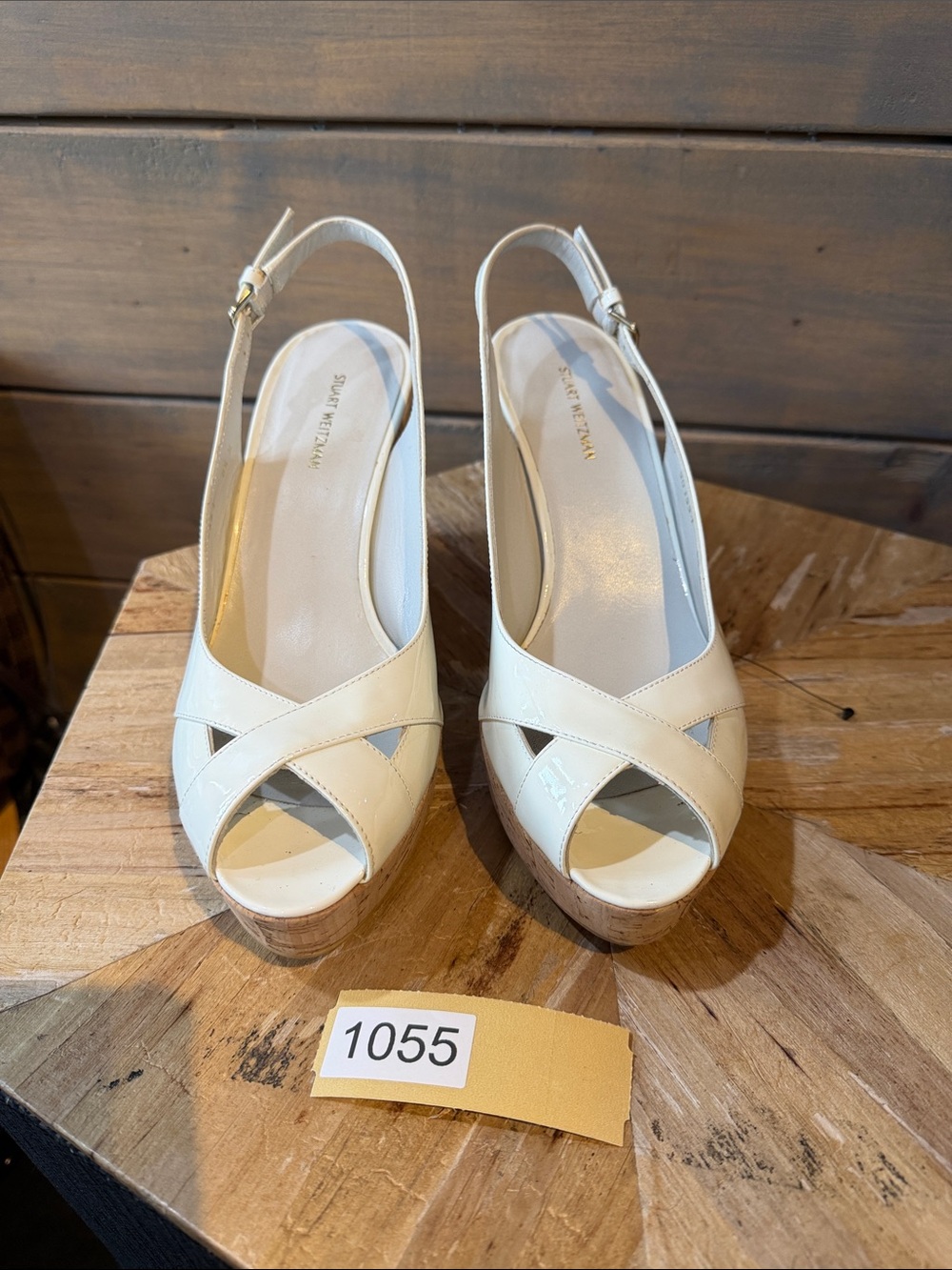 Stuart Weitzman Cream Leather Crisscross Peep-Toe Slingback Wedges